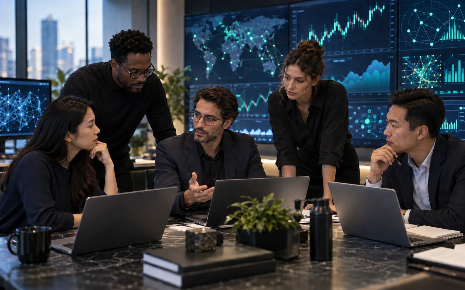 Multidisciplinary analysts collaborating in the Enlightenment Investment INC research environment