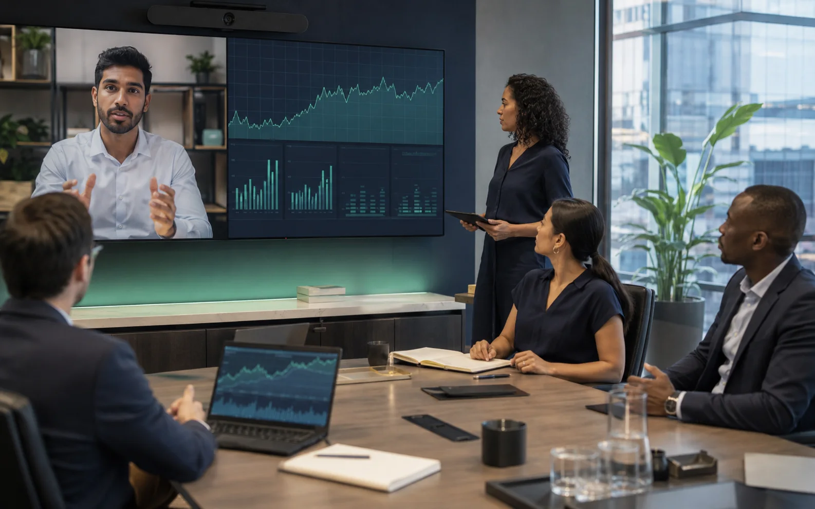 Remote analyst collaborating with colleagues in a modern office
