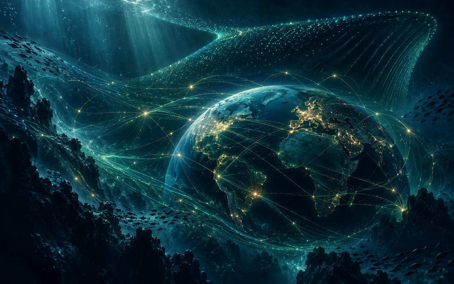 Abstract global capital network and flowing digital market data